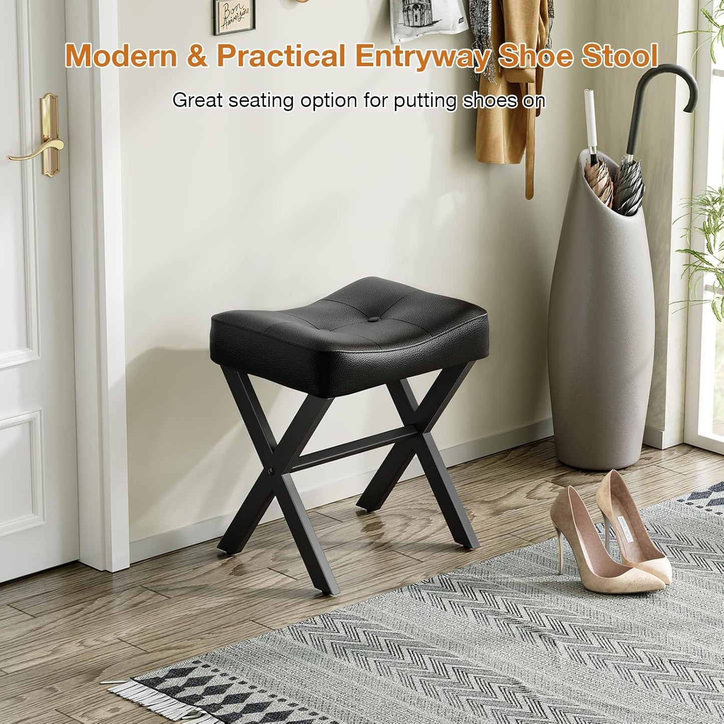 18-Inch Leather Vanity Stool Chair, Vanity Bench with Metal X-Leg, Ottoman Foot Stool with Thick Padded Saddle Seat, Black