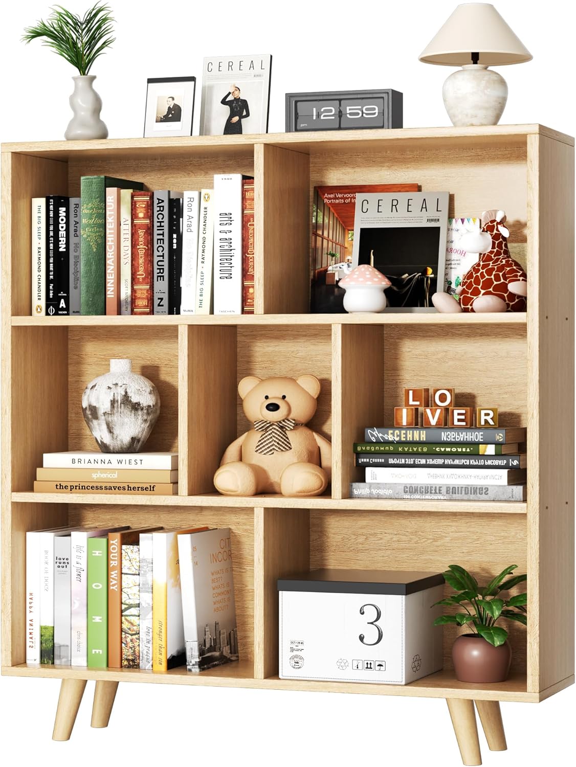 Shintenchi Cube Storage Organizer, 3 Tier Mid-Century Bookcase with Legs Cubeicals Retro Wood Organizer Storage Bookcase, Freestanding Open Book Shelves for Bedroom,Living Room,Office(Brown)