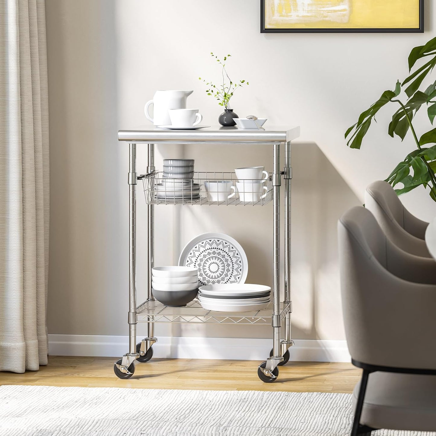 Seville Classics Commercial Work Table Island Utility Cart Prep Station, for Restaurant, Kitchen, Warehouse, Garage, Hotel, Home, Stainless-Steel Top NSF , 24" W x 20" D