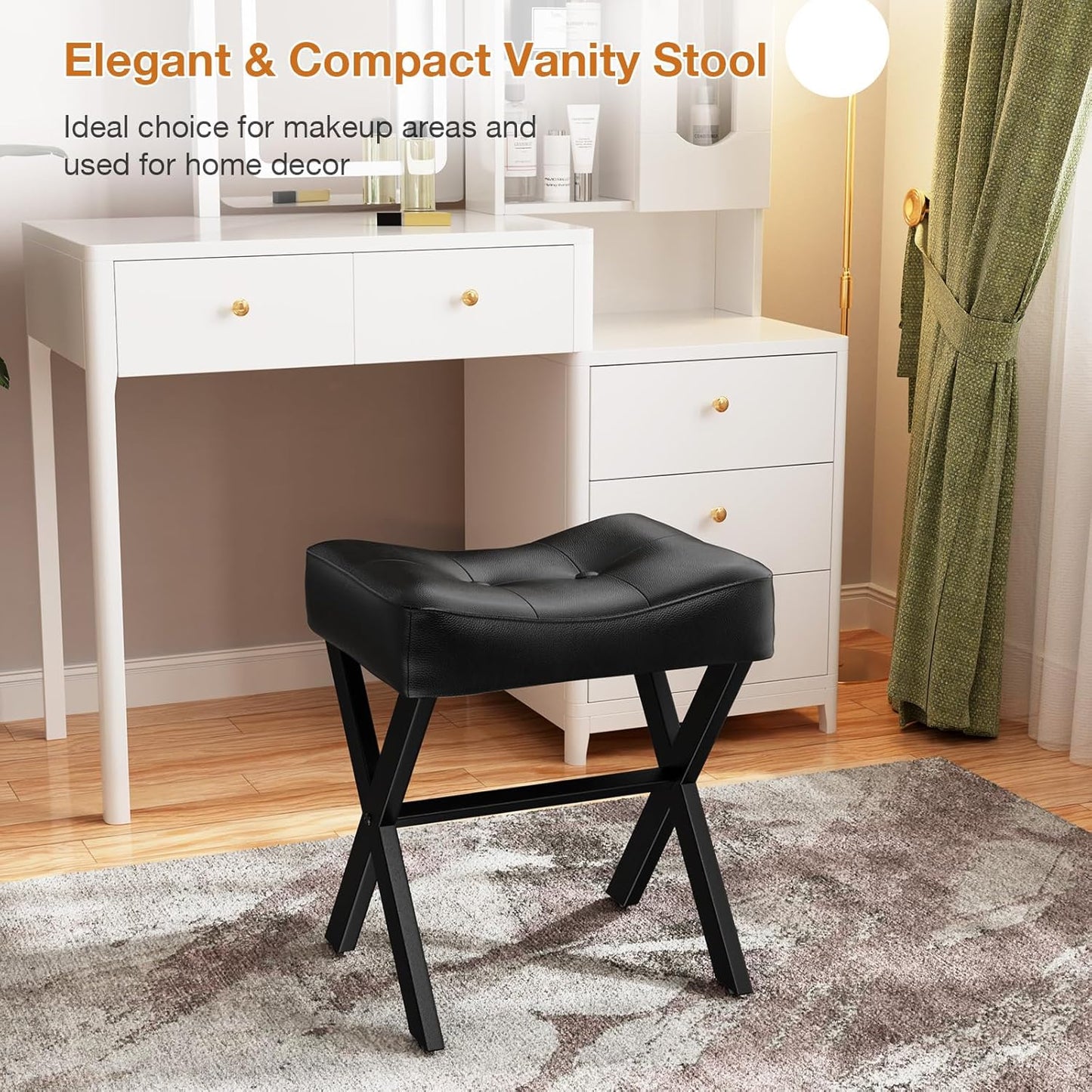 18-Inch Leather Vanity Stool Chair, Vanity Bench with Metal X-Leg, Ottoman Foot Stool with Thick Padded Saddle Seat, Black