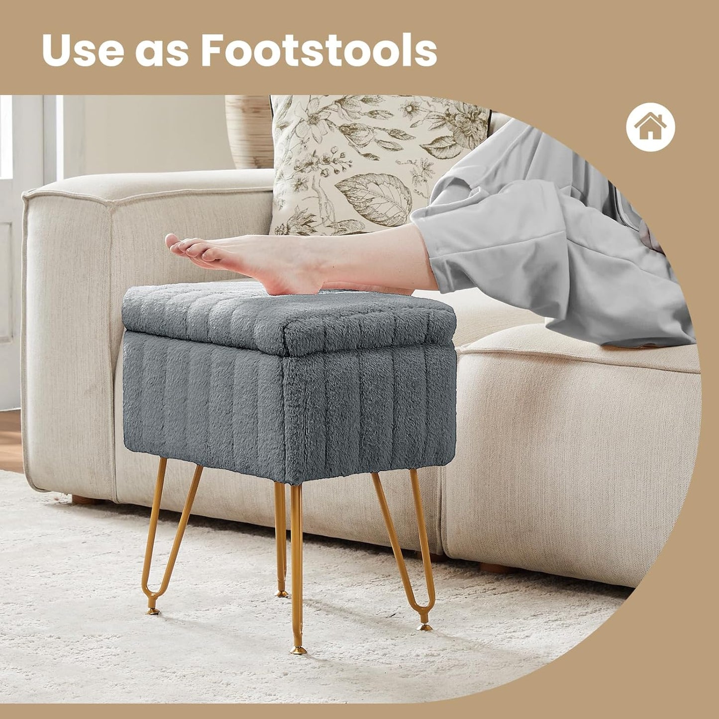 DUMOS Vanity Stool Chair, Ottoman with Storage, Makeup Cute Soft Small Footstool, Modern Style Faux Fur Seat with 4 Metal Legs & Adjustable Feet for Dressing, Living Room, Bedroom, Dorm, Grey