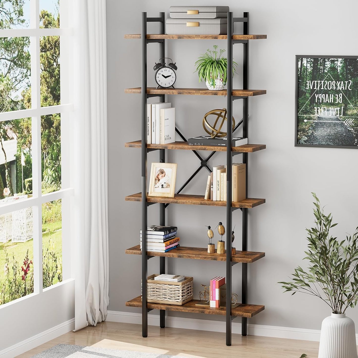 6 Tiers Bookshelf Organizer White Faux Marble Shelf,Modern Open Display Storage Bookcase, and Metal Bookshelf Standing Storage Shelf Tall Shelving Units for Home Office Study