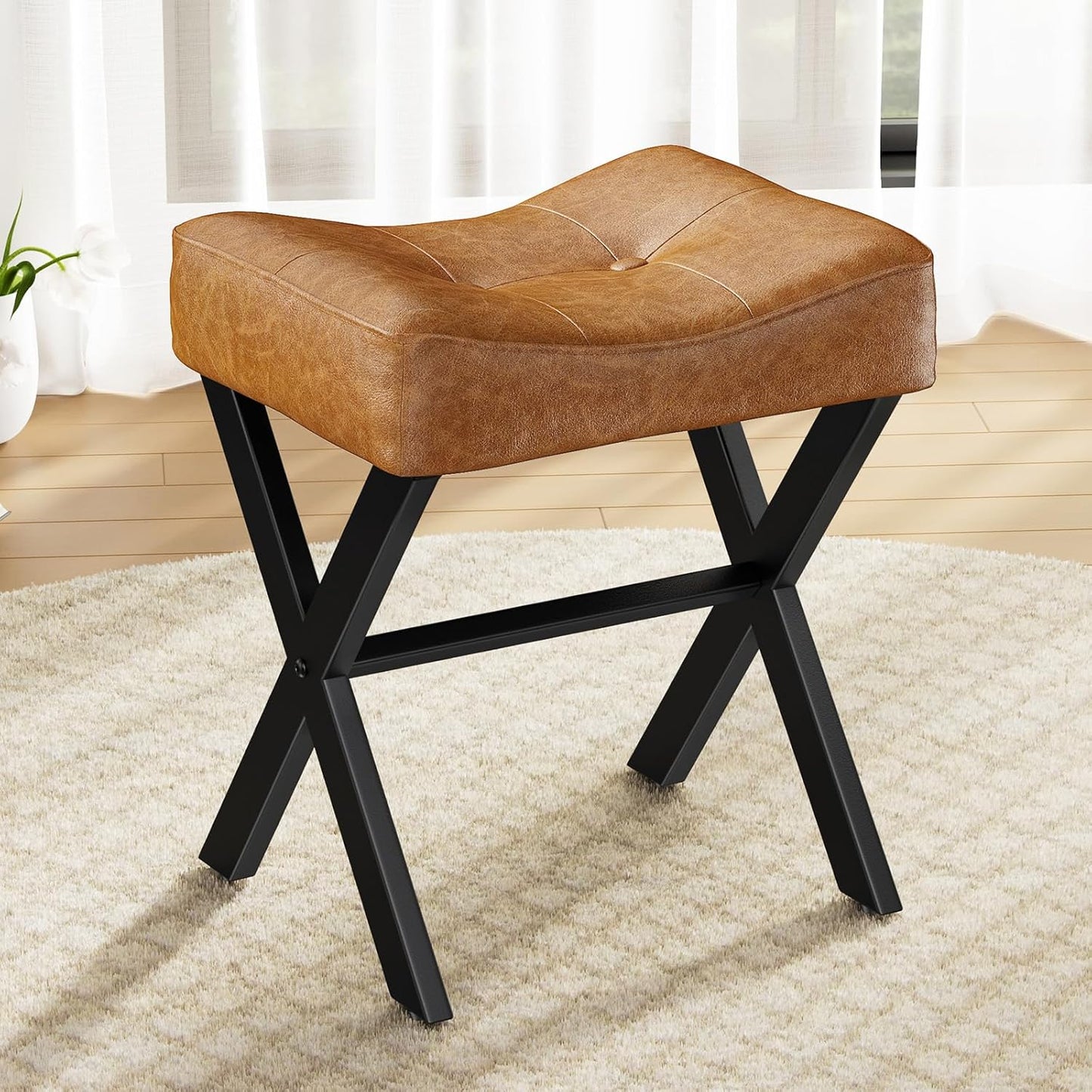 18-Inch Leather Vanity Stool Chair, Vanity Bench with Metal X-Leg, Ottoman Foot Stool with Thick Padded Saddle Seat, Black