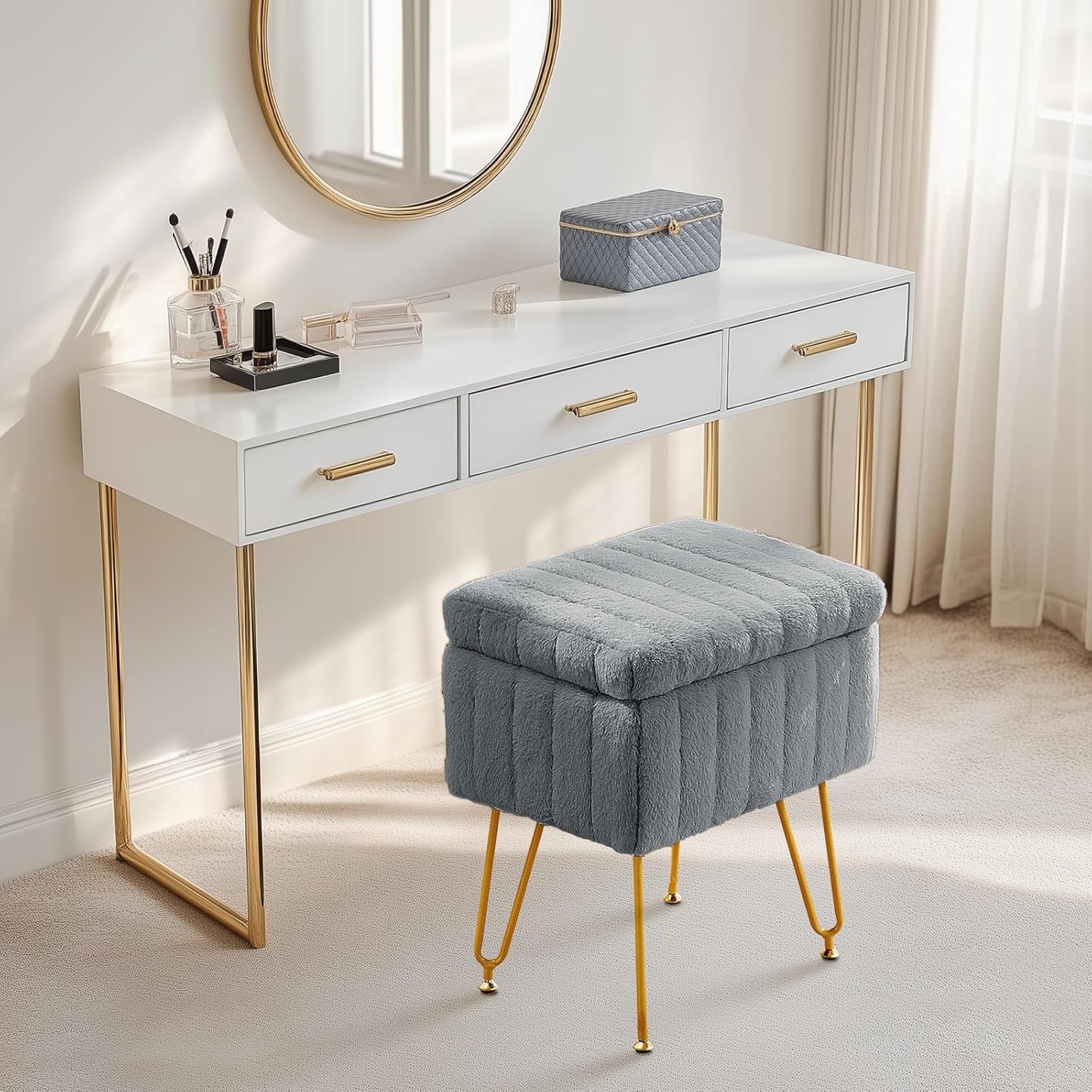 DUMOS Vanity Stool Chair, Ottoman with Storage, Makeup Cute Soft Small Footstool, Modern Style Faux Fur Seat with 4 Metal Legs & Adjustable Feet for Dressing, Living Room, Bedroom, Dorm, Grey