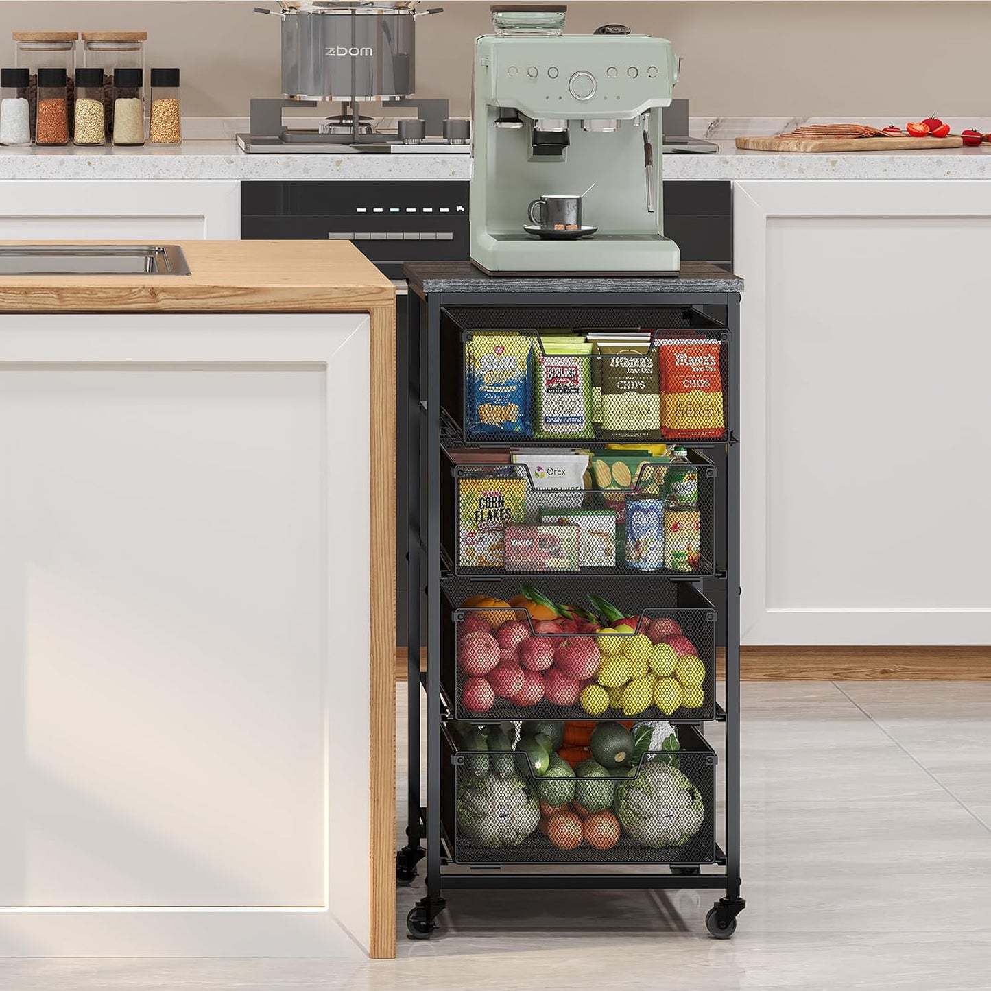 4-Tier Fruit Vegetable Storage Cart - Kitchen Organizer and Storage Cart with Wheels, Wooden Top Metal Wire Fruit Vegetable Rack Stand with Drawers to Storage Cans Snacks for Kitchen(Patent Pending)