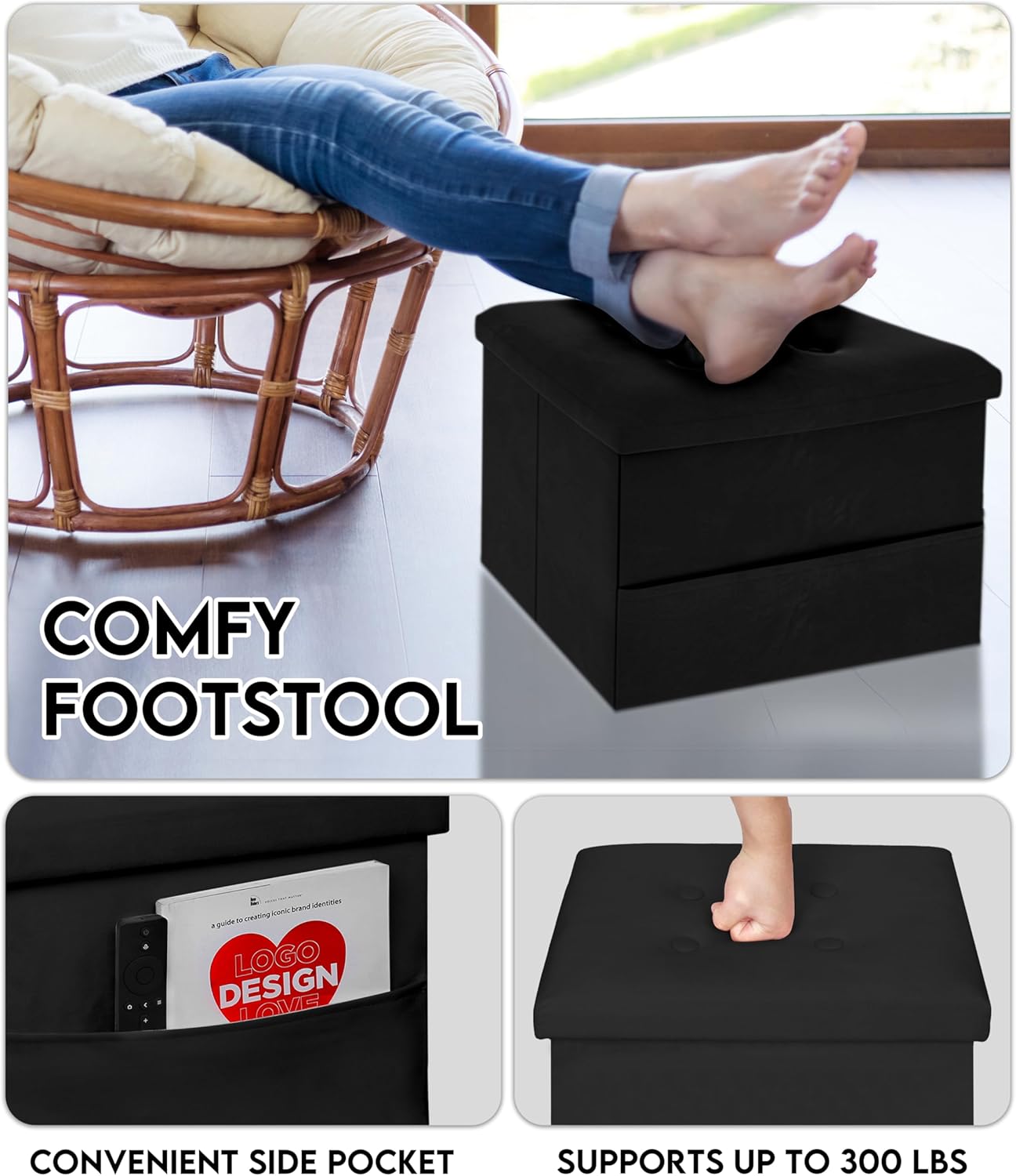 Small Storage Ottoman Foot Rest, Velvet Ottoman with Storage and Side Pocket, Black Foot Rest for Couch, Foldable Footstool for Chair, Living Room&Dorm, 16"x12"x12"