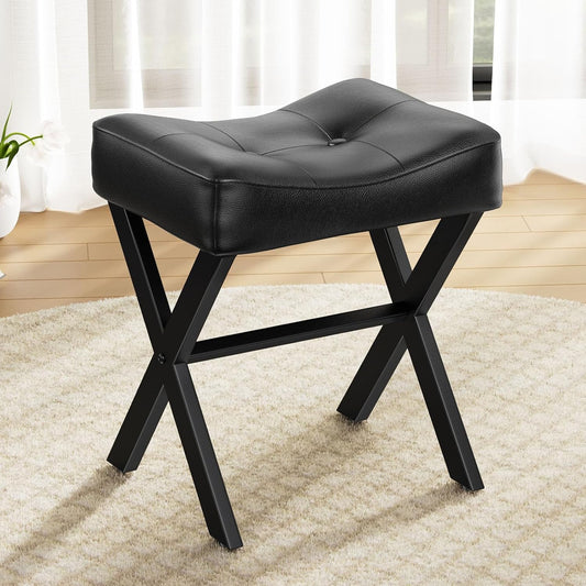 18-Inch Leather Vanity Stool Chair, Vanity Bench with Metal X-Leg, Ottoman Foot Stool with Thick Padded Saddle Seat, Black