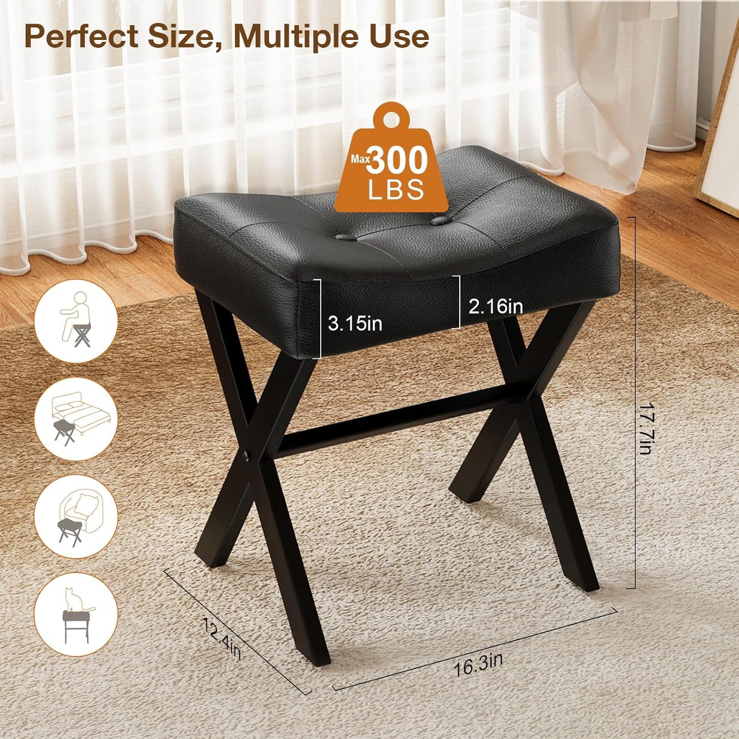 18-Inch Leather Vanity Stool Chair, Vanity Bench with Metal X-Leg, Ottoman Foot Stool with Thick Padded Saddle Seat, Black