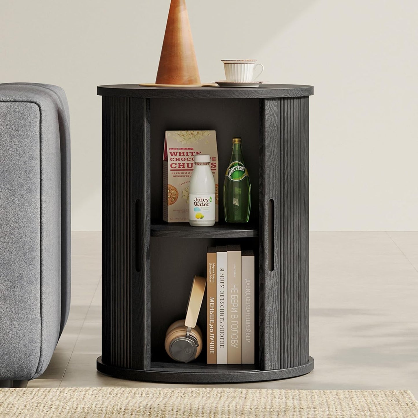 LINSY HOME Round Fluted End Table, Tall Side Table with Sliding Tambour Door and Storage Shelf, Modern Bedside Table, Mid-Century Nightstand for Living Room, Bedroom, Walnut