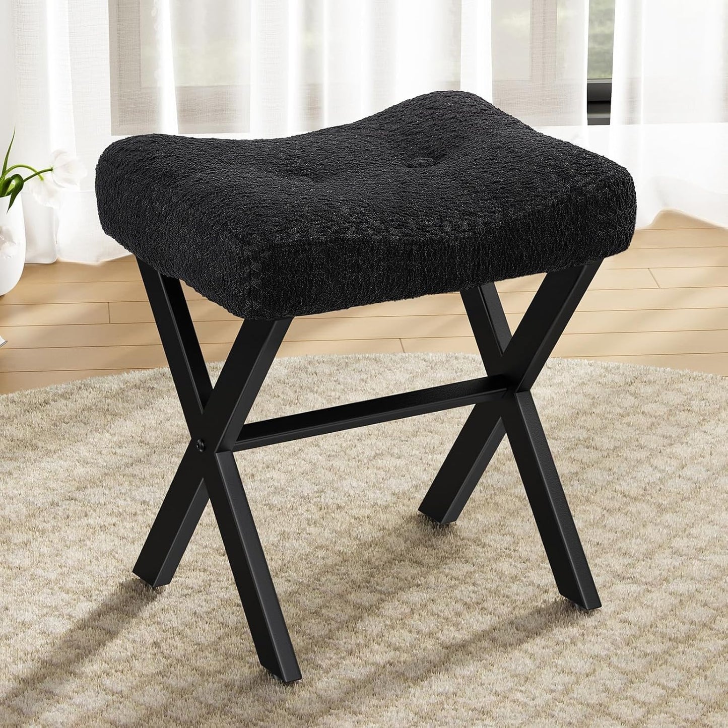 18-Inch Leather Vanity Stool Chair, Vanity Bench with Metal X-Leg, Ottoman Foot Stool with Thick Padded Saddle Seat, Black
