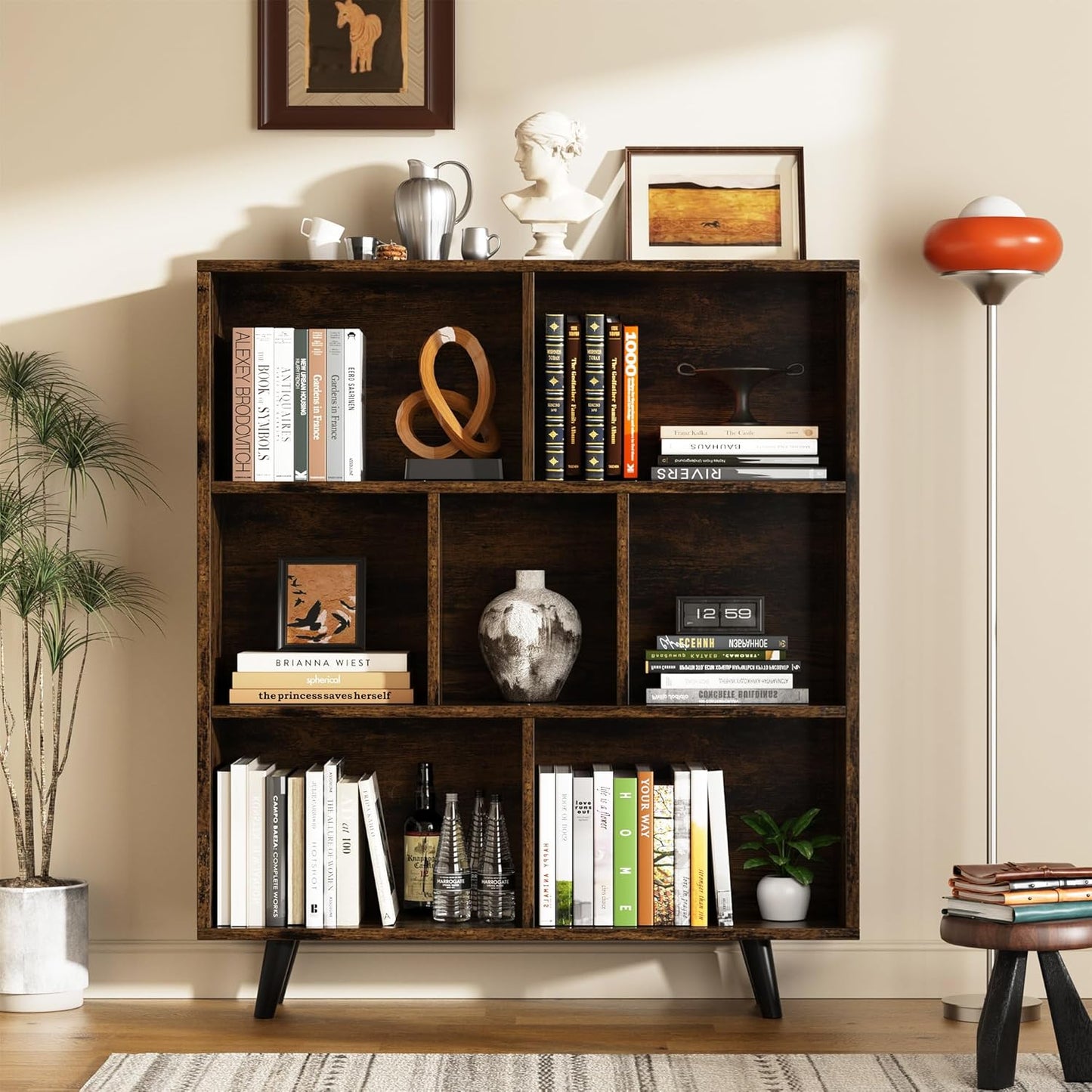 Shintenchi Cube Storage Organizer, 3 Tier Mid-Century Bookcase with Legs Cubeicals Retro Wood Organizer Storage Bookcase, Freestanding Open Book Shelves for Bedroom,Living Room,Office(Brown)