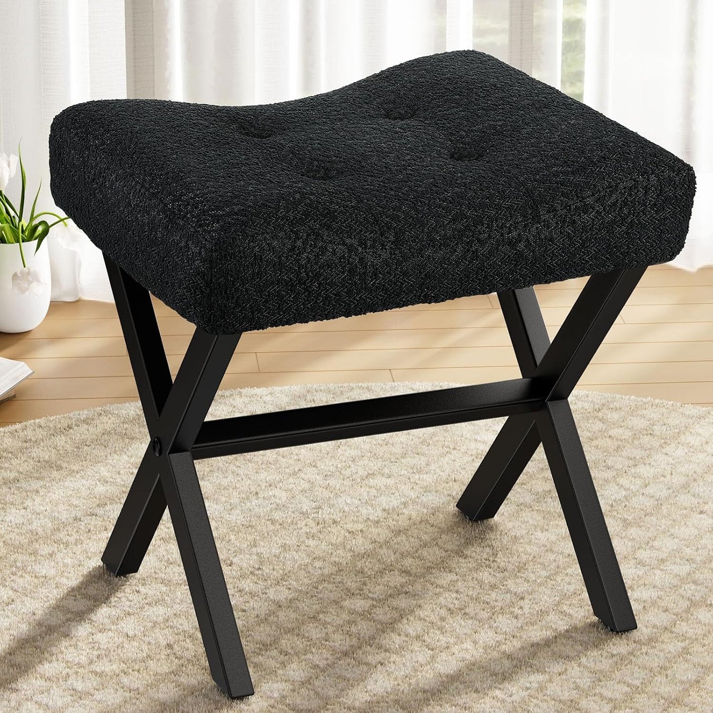 18-Inch Leather Vanity Stool Chair, Vanity Bench with Metal X-Leg, Ottoman Foot Stool with Thick Padded Saddle Seat, Black