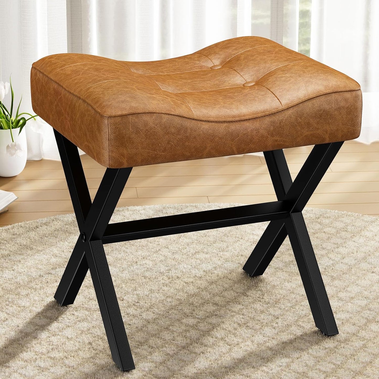 18-Inch Leather Vanity Stool Chair, Vanity Bench with Metal X-Leg, Ottoman Foot Stool with Thick Padded Saddle Seat, Black