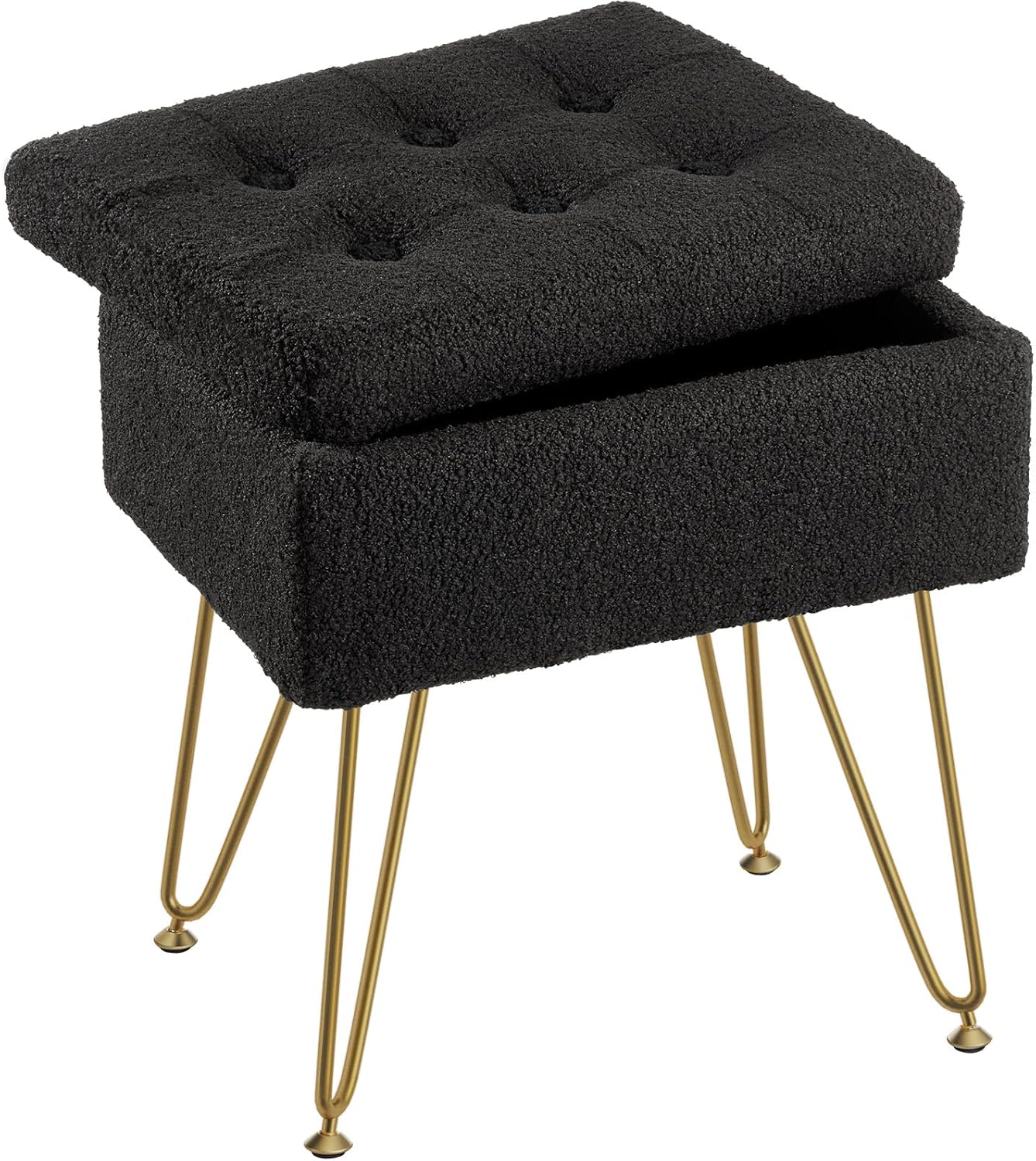 Seventable Vanity Stool Chair with Storage, Teddy Velvet Soft Ottoman, 4 Metal Legs with Anti-Slip Feet, Furry Padded Seat, Multifunctional Stool for Makeup, Footstool, Bedroom, Pink