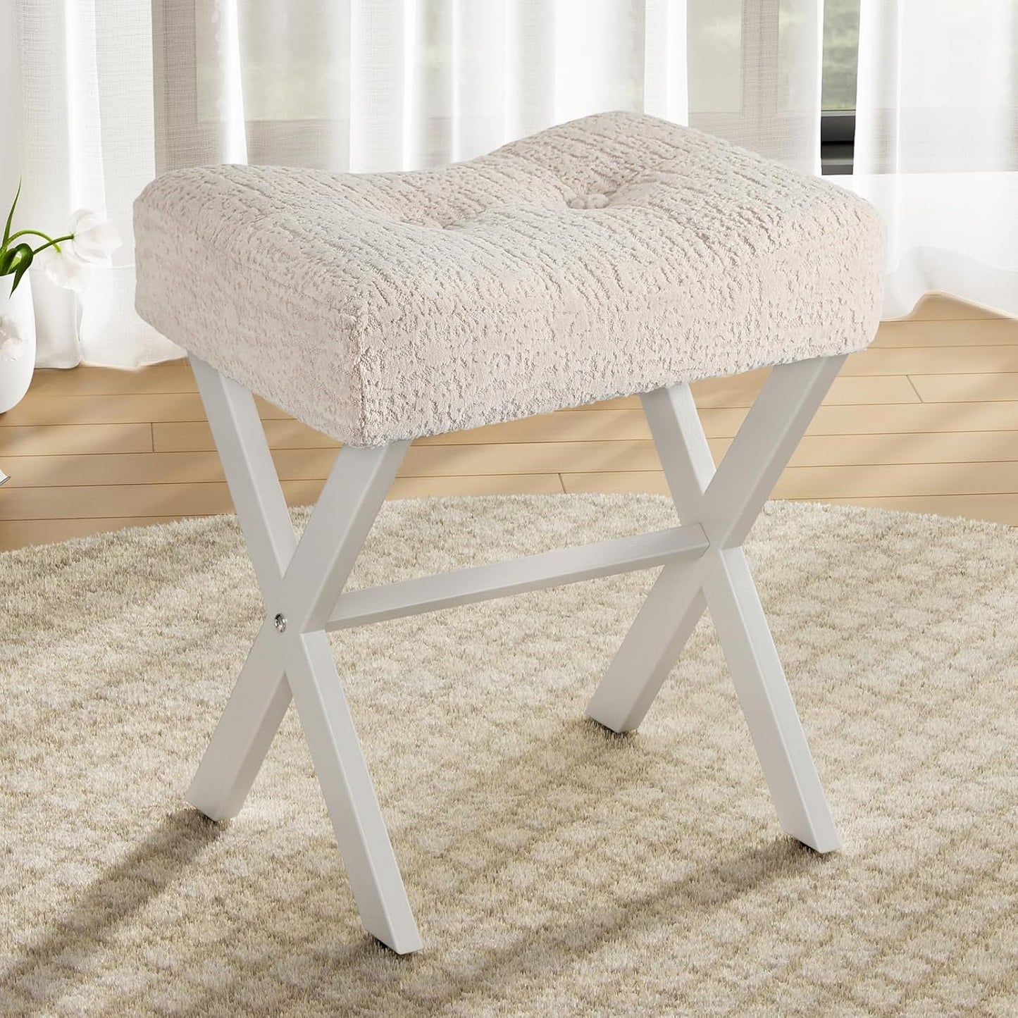 18-Inch Leather Vanity Stool Chair, Vanity Bench with Metal X-Leg, Ottoman Foot Stool with Thick Padded Saddle Seat, Black