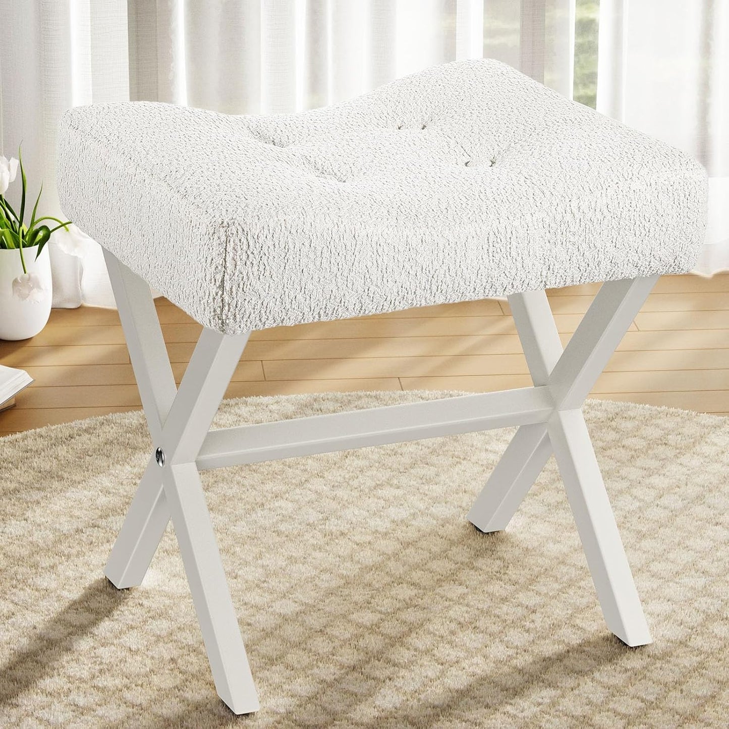 18-Inch Leather Vanity Stool Chair, Vanity Bench with Metal X-Leg, Ottoman Foot Stool with Thick Padded Saddle Seat, Black