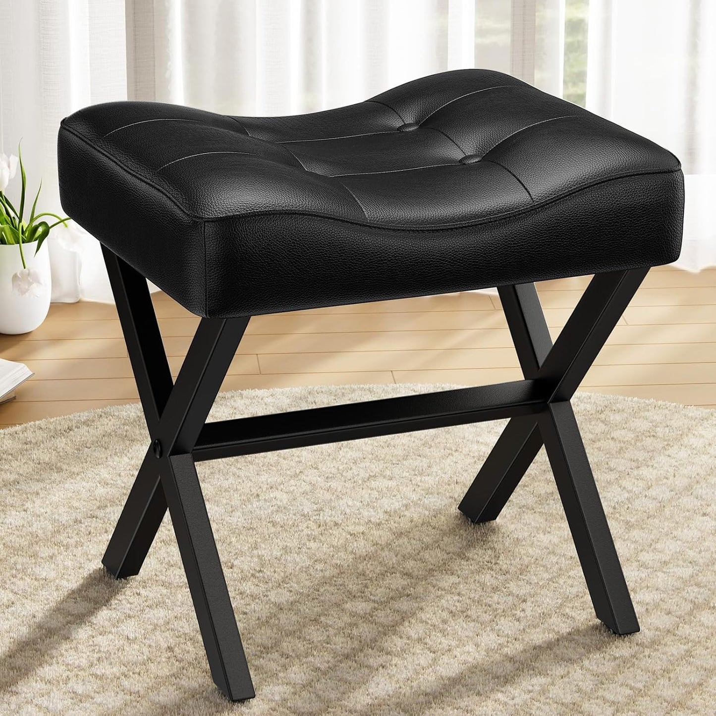 18-Inch Leather Vanity Stool Chair, Vanity Bench with Metal X-Leg, Ottoman Foot Stool with Thick Padded Saddle Seat, Black
