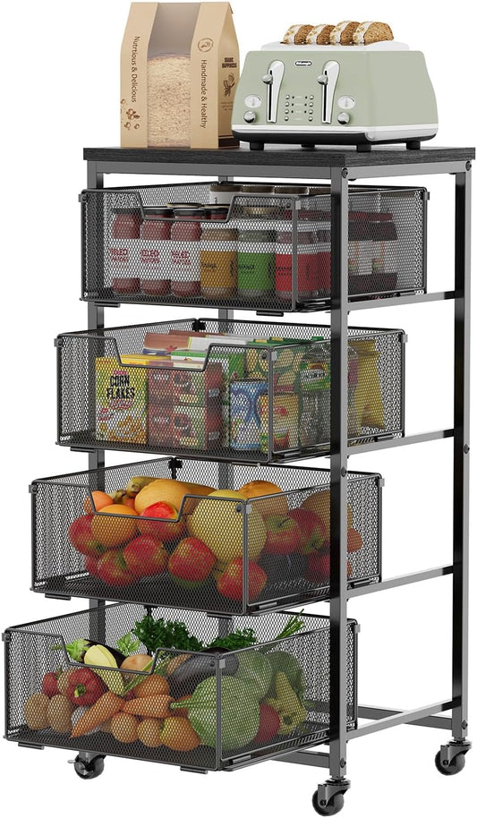 4-Tier Fruit Vegetable Storage Cart - Kitchen Organizer and Storage Cart with Wheels, Wooden Top Metal Wire Fruit Vegetable Rack Stand with Drawers to Storage Cans Snacks for Kitchen(Patent Pending)