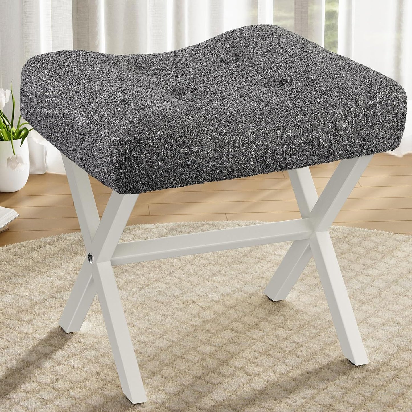 18-Inch Leather Vanity Stool Chair, Vanity Bench with Metal X-Leg, Ottoman Foot Stool with Thick Padded Saddle Seat, Black