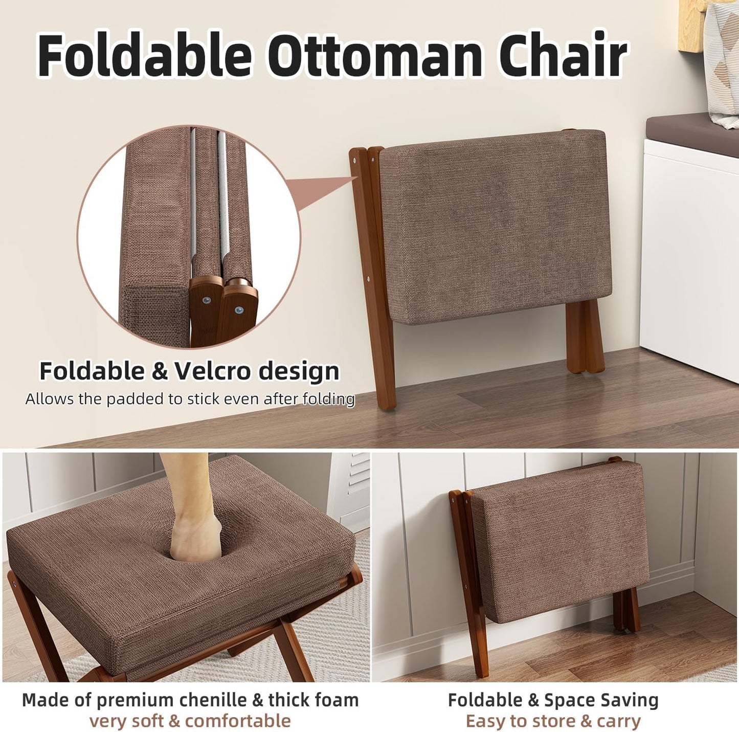 Foldable Foot Stool Ottoman, Modern Foot Rest with Bamboo X Legs & Thick Foam Cushion, Folding Foot Stools Small Padded for Bedroom Living Room, Makeup Vanity Stool Chair (Brown - Brown)