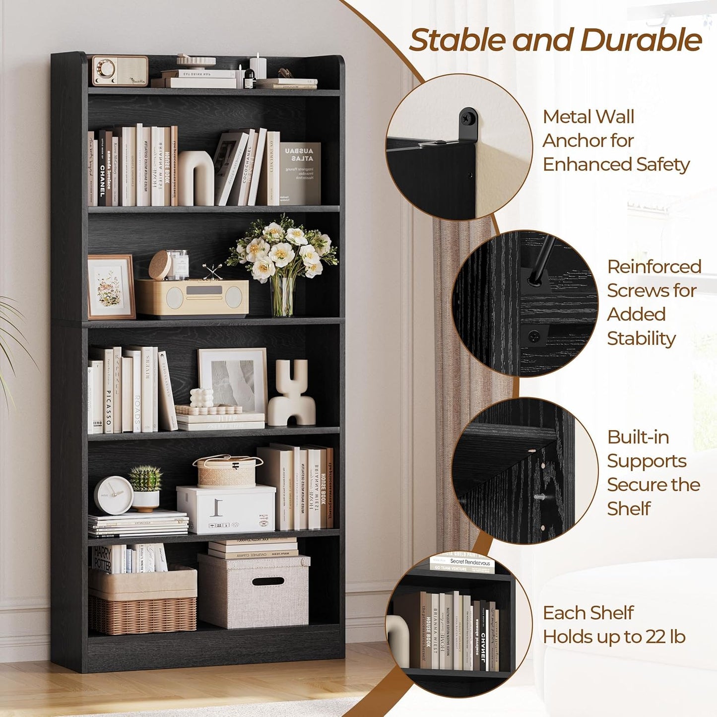 Yaheetech 6-Tier Open Bookcase and Bookshelf, Modern Simple Floor Standing Display Storage Shelves with Top Open Compartment for Home Office, Living Room, Bed Room - Black