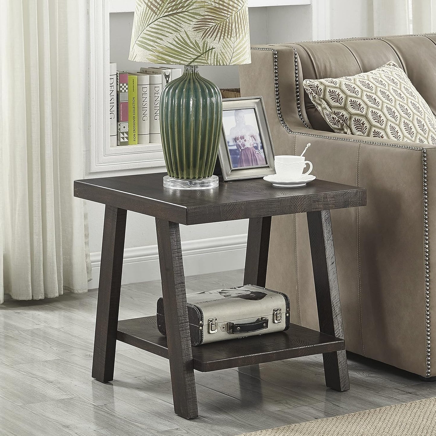 Roundhill Furniture Athens Contemporary Wood Shelf End Table, Weathered Walnut and Gray