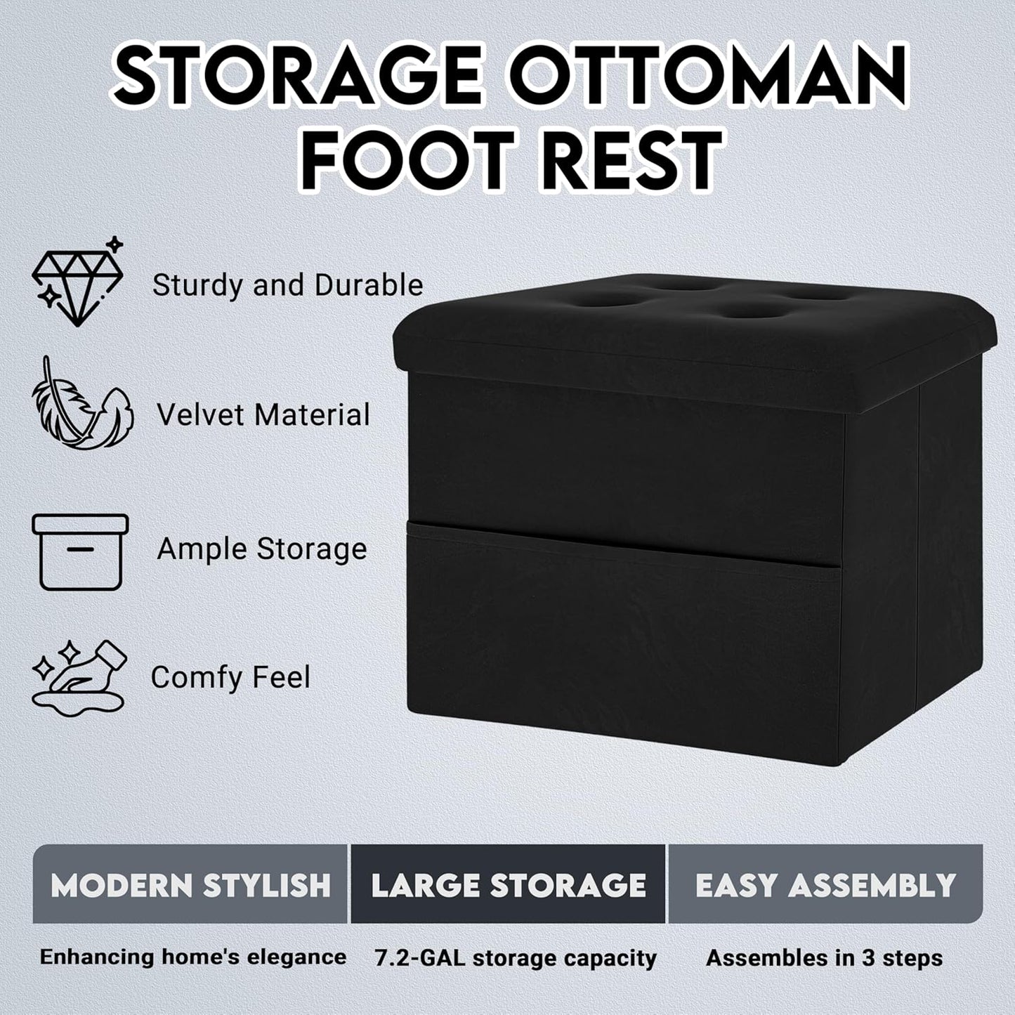 Small Storage Ottoman Foot Rest, Velvet Ottoman with Storage and Side Pocket, Black Foot Rest for Couch, Foldable Footstool for Chair, Living Room&Dorm, 16"x12"x12"