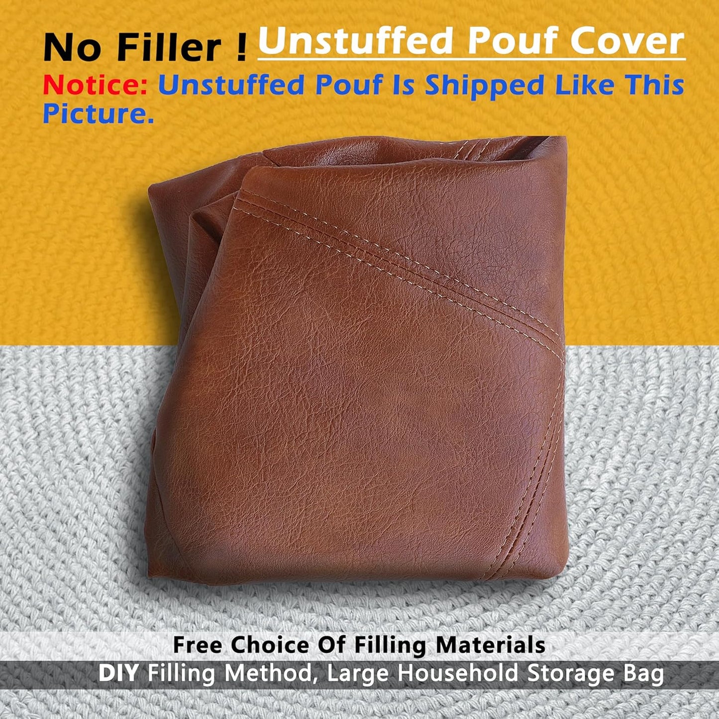 Thgonwid Unstuffed Faux Leather Pouf Cover, Handmade Footstool Ottoman Storage Solution, Floor Footrest Cushion, 16.5”Dx12”H, Amaretto