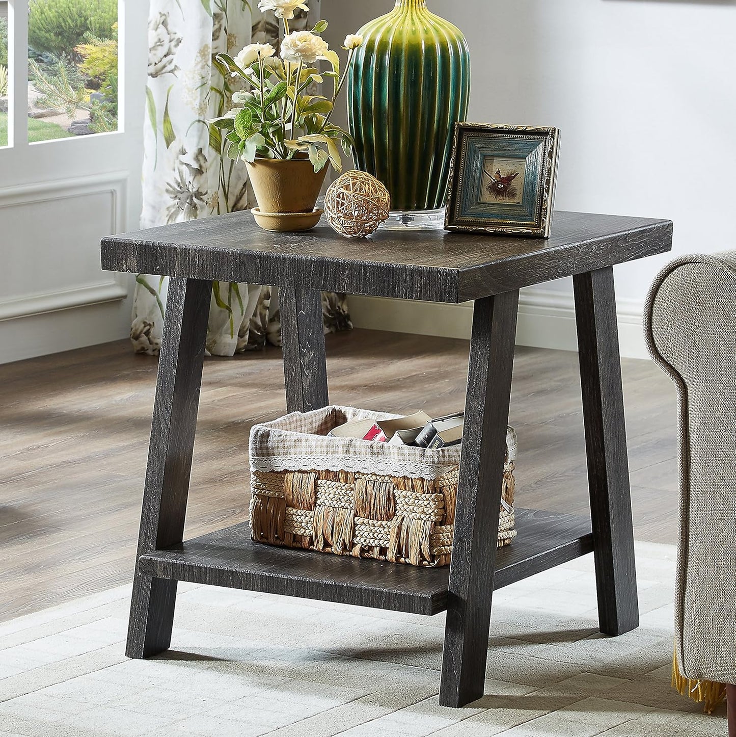 Roundhill Furniture Athens Contemporary Wood Shelf End Table, Weathered Walnut and Gray